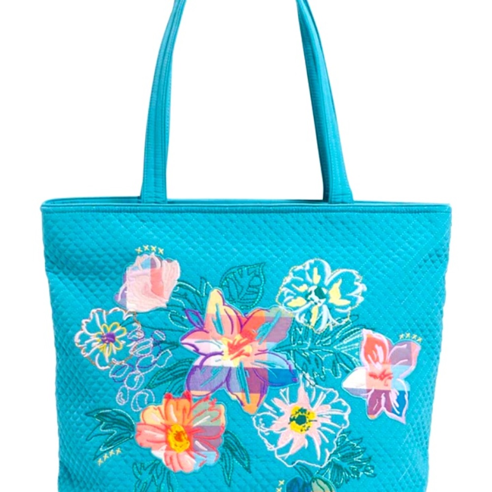 Embroidered large Vera Bradley tote measures 15” x 14.5” x 6”.